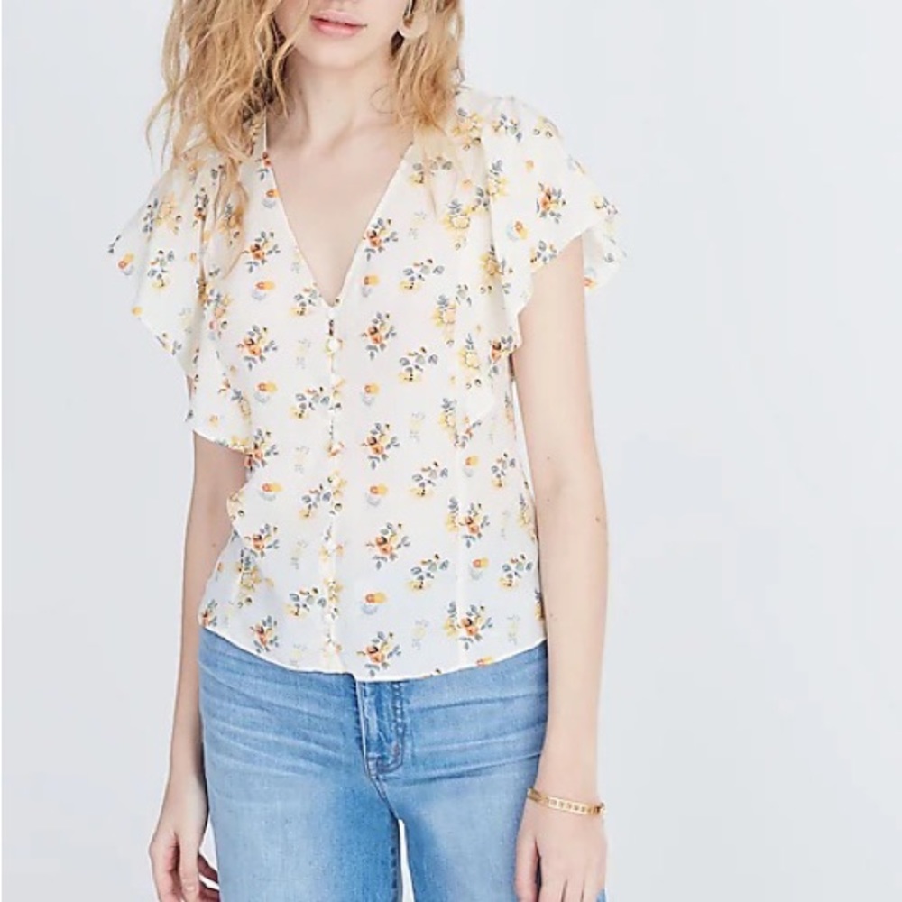 Madewell Countryside Blooms Silk Carmelina Flutter-Sleeve Top - Picture 1 of 10